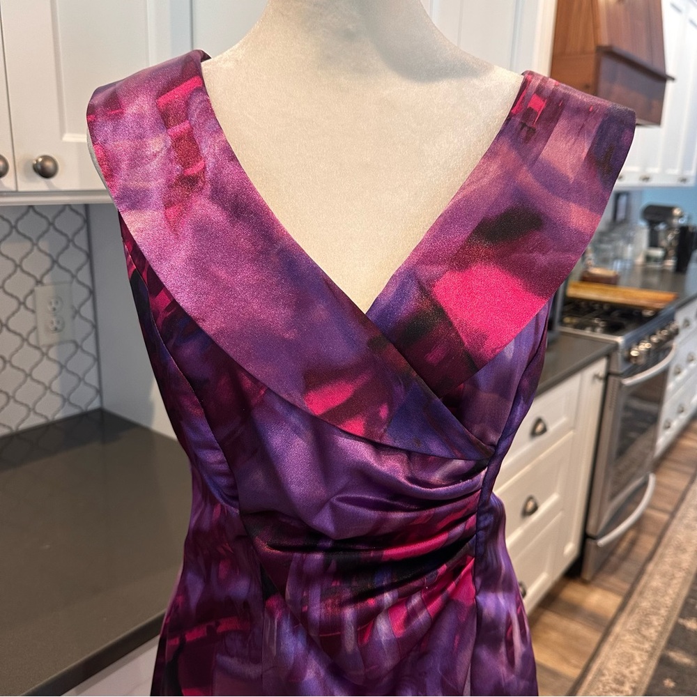 Connected Apparel Vibrant Purple Watercolor Satin A-Line Dress 12 Midi Formal - Picture 2 of 14
